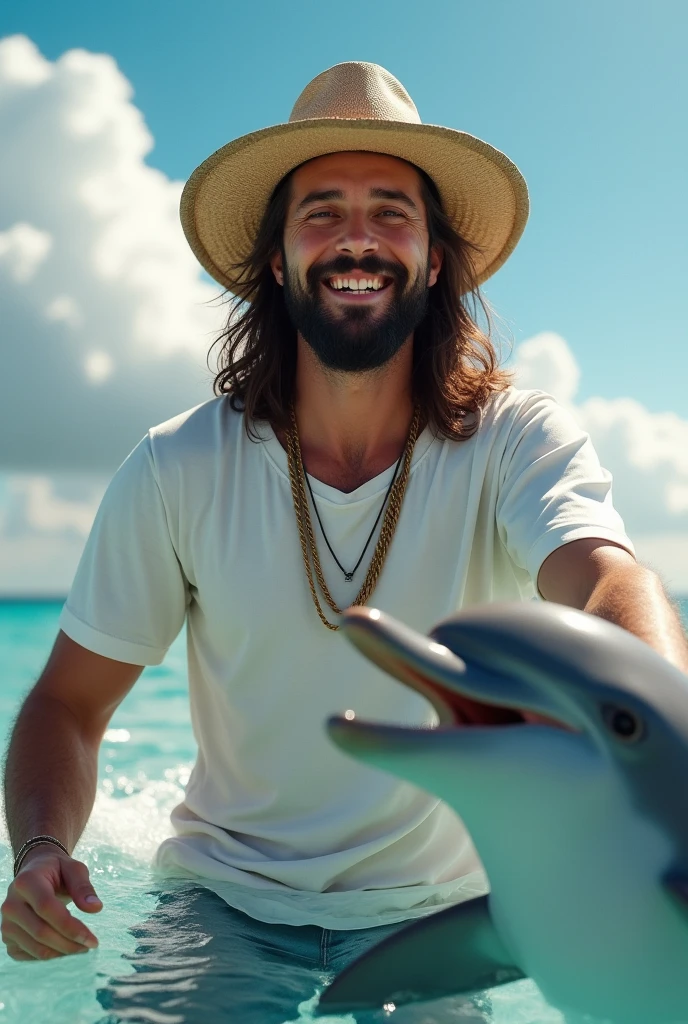 Jesus Christ taking a selfie with a dolphin. He is having fun and laughing. he is shining Jesus of Nazareth is depicted as a gentle, gentle man with shoulder-length hair. His wavy brown hair flows over his shoulders. His face conveys deep wisdom and empathy, radiating warmth and understanding. Christ is wearing a white T-shirt, jeans, and a straw hat. summer sun. Blue sky and white clouds. Photography, close-up, highly detailed, trending at the art station, sharp focus, studio shot, intricate details, Greg Rutkowski,