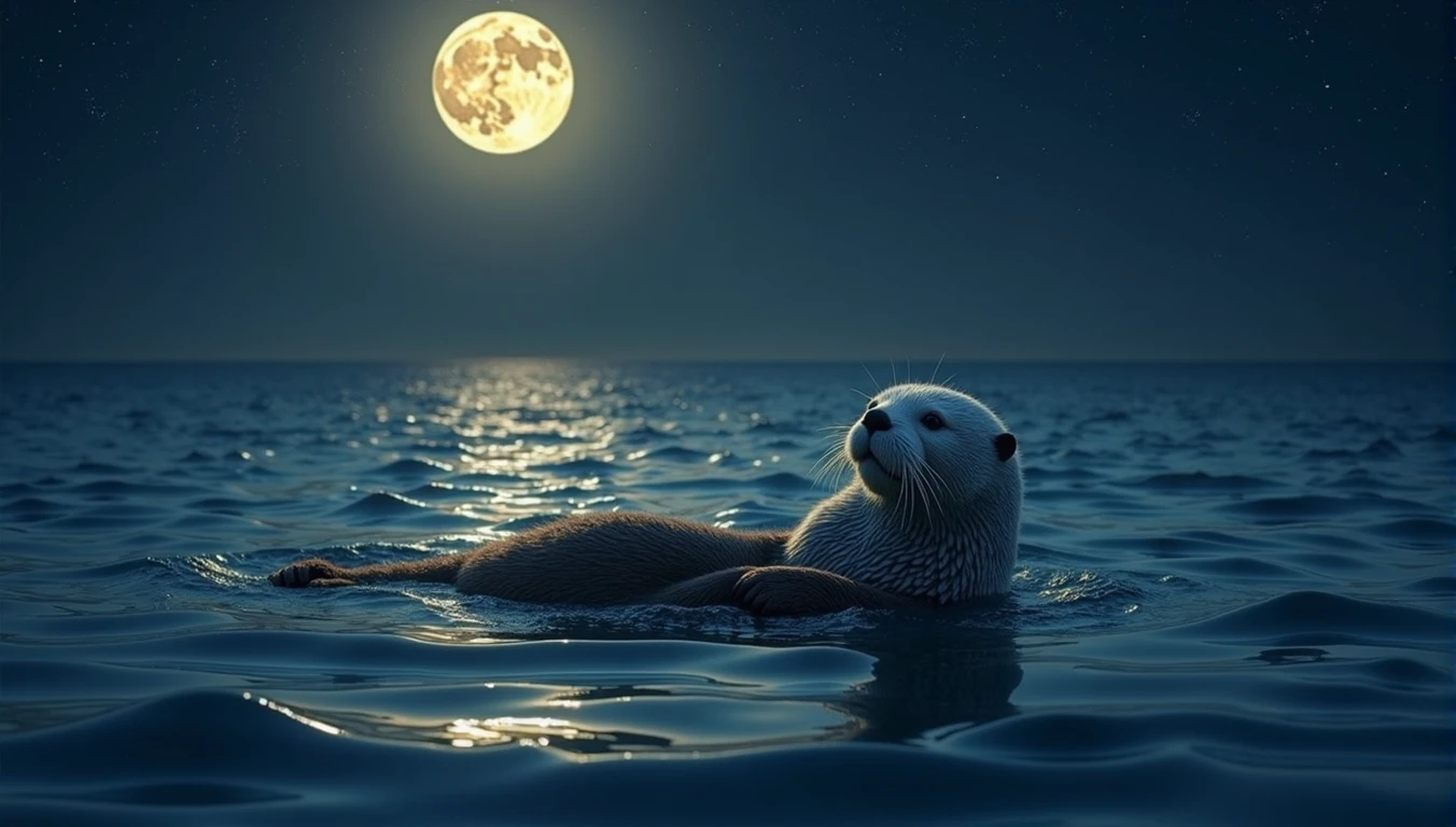Sea otter floating in the ocean,moon,night,Beautiful sea,backstroke