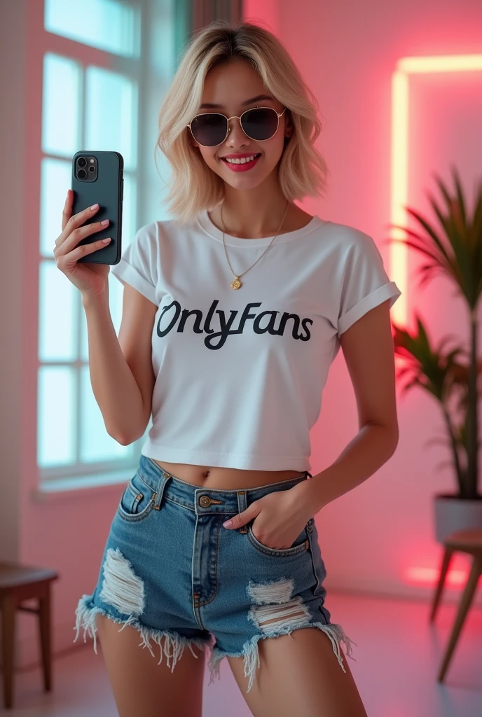 asian short blonde haire. She has an hourglass figure, massive breasts. ,Wide hips (implants), Prominent buttocks (implants). She's fully clothed, not naked or topless.

in a bright studio, with pastel-colored walls and contemporary accessories
wearing a fitted white t-shirt with the words “OnlyFans” in bold, colorful letters, underscoring her message
wearing ripped jean shorts that highlight her slender legs
loose, slightly wavy hair falling to her shoulders, adding a casual touch
posing confidently, a mischievous smile on her face, a seductive gaze at the camera
holding her phone at arm's length, ready to capture the moment
a backdrop of soft neon lights and modern decorative elements, creating a dynamic, eye-catching atmosphere
accessories such as stylish sunglasses and delicate jewelry, adding a touch of glamour
the whole look exudes confidence, seduction and authenticity, ready to attract new subscribers to her OnlyFans account.




