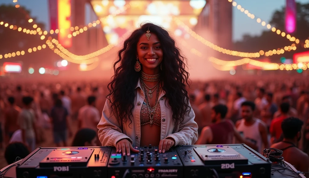 A vibrant female  Indian DJ with light skin and long, curly black hair, adorned with colorful traditional Indian jewelry, stands confidently behind a sleek, futuristic DJ console amidst a bustling outdoor festival scene at dusk, surrounded by twinkling string lights and a sea of enthusiastic revelers, with a warm golden glow illuminating her bright, expressive brown eyes and radiant smile, as she expertly mixes tracks, her hands moving deftly over the controller, wearing a stylish, neon-lit jacket and trendy sneakers, against a backdrop of vibrant festival decorations and banners, with a subtle hint of stage smoke wafting into the air.