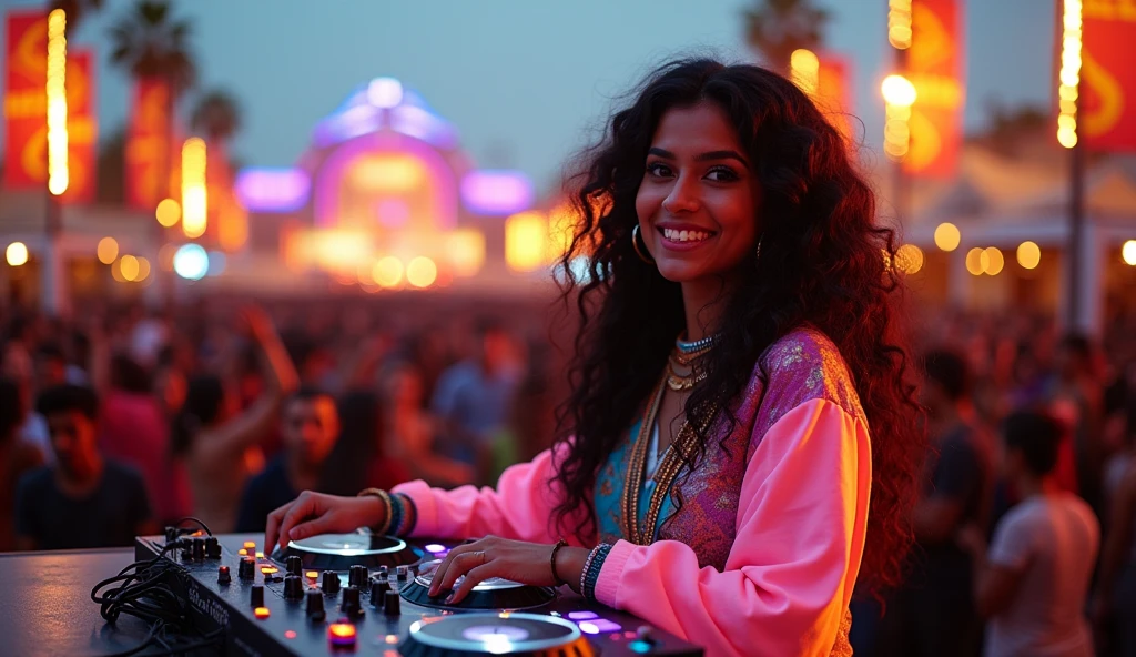A vibrant female Indian DJ with light skin and long, curly black hair, adorned with colorful traditional Indian jewelry, stands confidently behind a sleek, futuristic DJ console amidst a bustling outdoor festival scene at dusk, surrounded by twinkling string lights and a sea of enthusiastic revelers, with a warm golden glow illuminating her bright, expressive brown eyes and radiant smile, as she expertly mixes tracks, her hands moving deftly over the controller, wearing a stylish, neon-lit jacket and trendy sneakers, against a backdrop of vibrant festival decorations and banners, with a subtle hint of stage smoke wafting into the air.