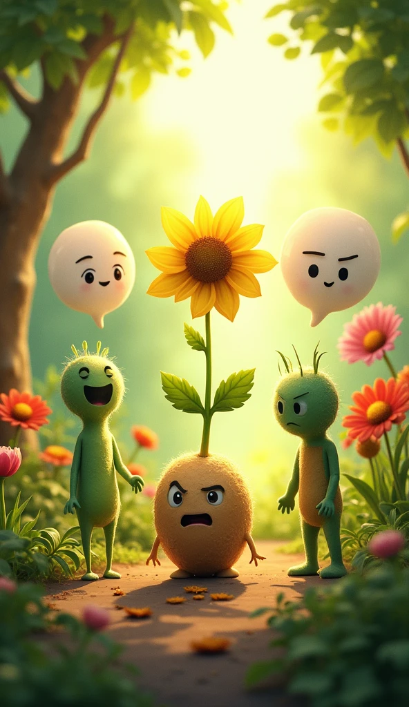 Other plants looking down at the seed, with speech bubbles showing their doubts.
The Little Seed is a small, round seed nestled in the soil, with a simple but hopeful expression, often shown dreaming or imagining itself as a tall tree.
Plant are of various types, such as flowers, shrubs, or small trees, with expressions that show surprise or doubt when they talk to the Little Seed.
The Background is a the Garden. A bright, colorful garden with lush greenery, flowers, and a warm, sunny sky.