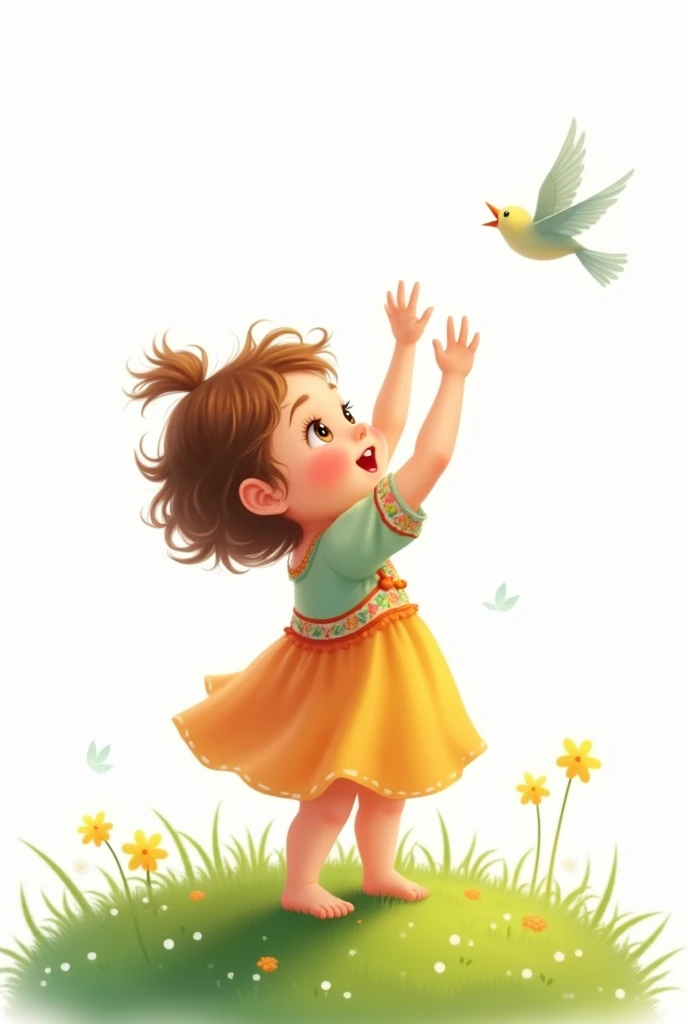 white background,Little baby girl,waring ccolorfully dress,stand on grass,rais her hands,flying little bird
