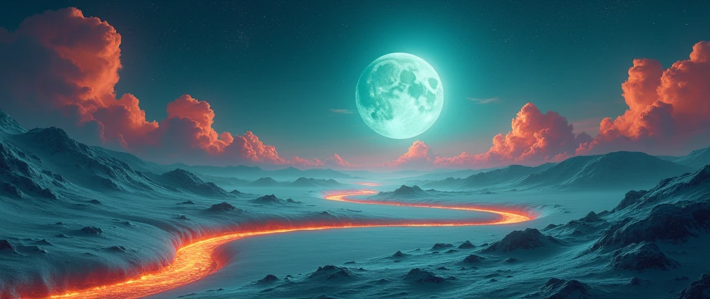 a magical night sky with a teal moon, a beautiful orange stream flowing through the cream colored landscape, detailed red clouds, soft blue lighting, clean background, masterpiece, 8k, photorealistic, cinematic, vivid colors, dramatic lighting, stunning scenery, serene atmosphere, ethereal, fantasy, mystical