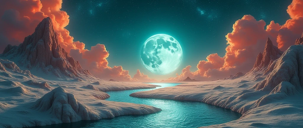 a magical night sky with a teal moon, a beautiful orange stream flowing through the cream colored landscape, detailed red clouds, soft blue lighting, clean background, masterpiece, 8k, photorealistic, cinematic, vivid colors, dramatic lighting, stunning scenery, serene atmosphere, ethereal, fantasy, mystical