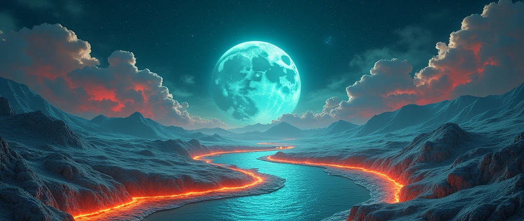 a magical night sky with a teal moon, a beautiful orange stream flowing through the cream colored landscape, detailed red clouds, soft blue lighting, clean background, masterpiece, 8k, photorealistic, cinematic, vivid colors, dramatic lighting, stunning scenery, serene atmosphere, ethereal, fantasy, mystical