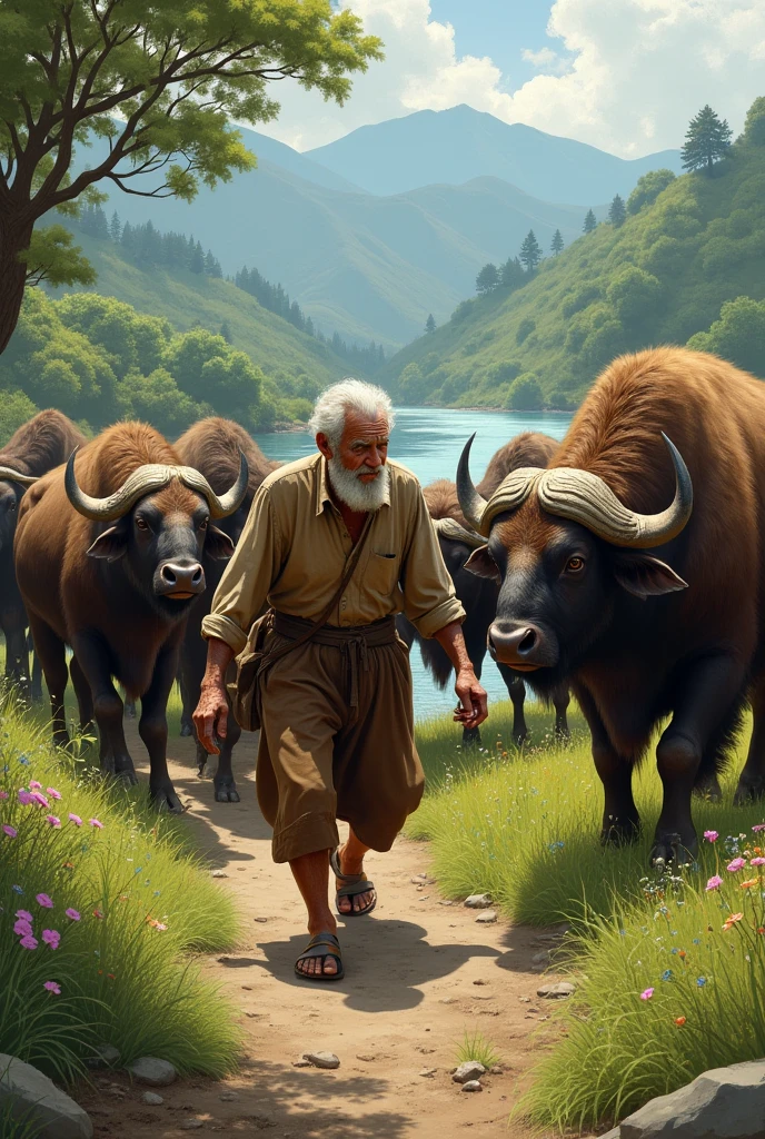 "An elderly man leading buffaloes to a river, suddenly stumbling and falling to the ground, the buffaloes pausing and looking back at him."