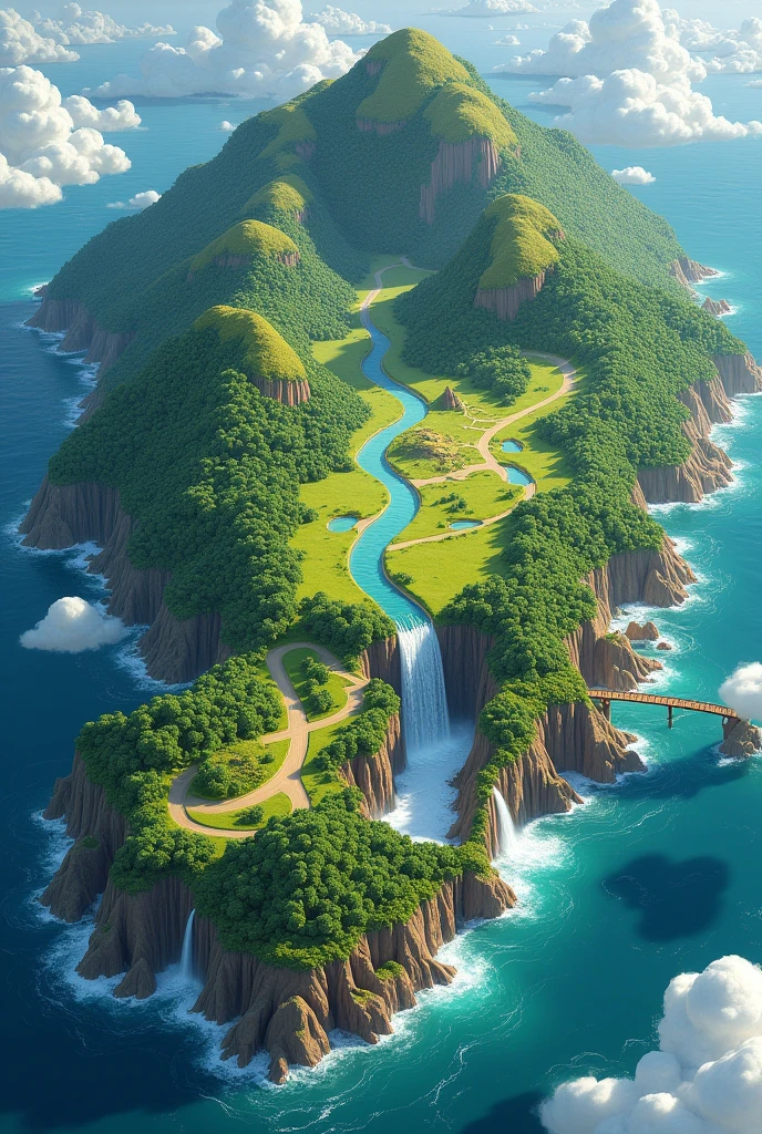 A super large map illustrated of an island, forest, multiple rivers and falls, bridges