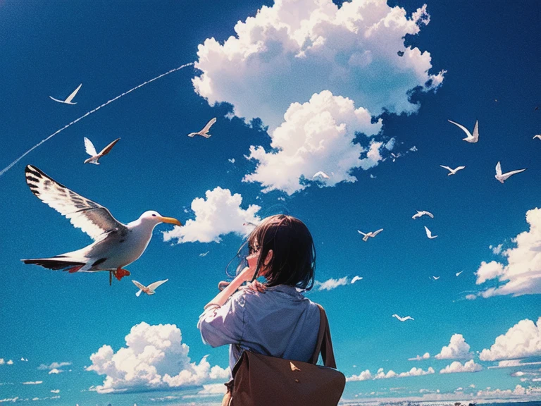 masterpiece, Best quality, 1 girl, bird, seagull, sky, cloud, Polka_PT, BLUE_sky, One, cloudy_sky, error, Butterfly, day, blush, flock, on open air, Abigail