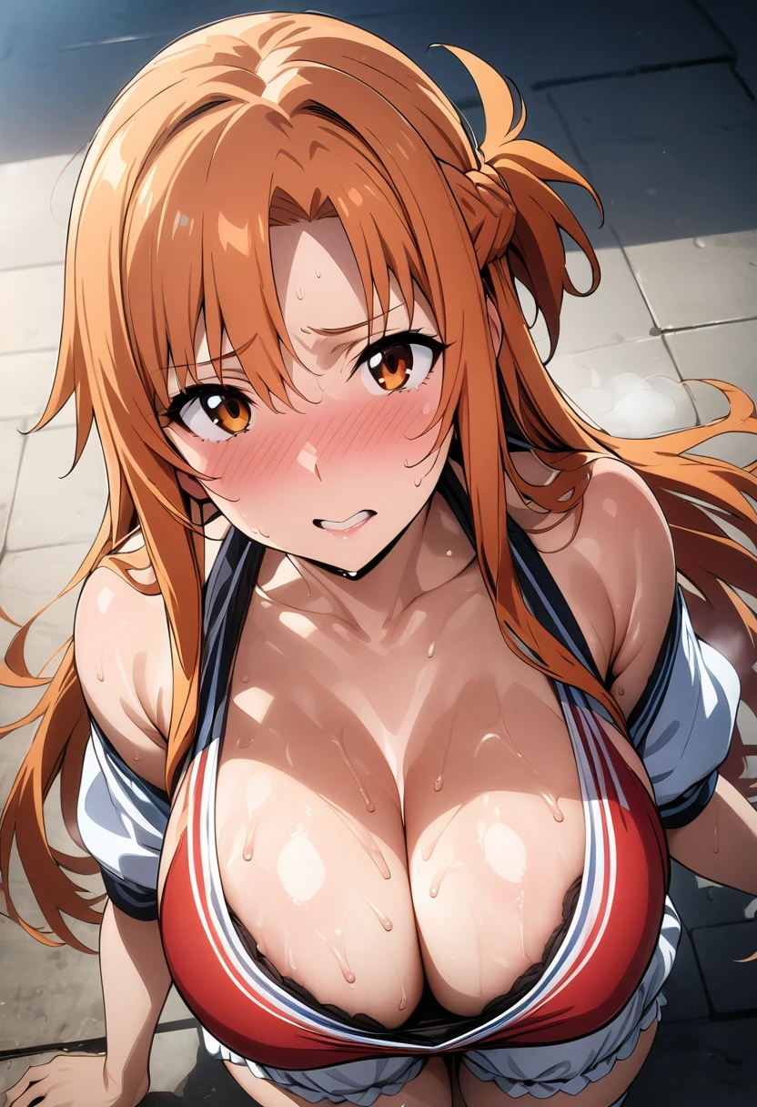 Yuuki Asuna, ((masterpiece)), High resolution, Big Breasts、 Bright orange hair, Mature Woman、Sweat vapor、、Sportswear Bloomers、(((Cleavage)))、Shooting from above、(((slit)))
