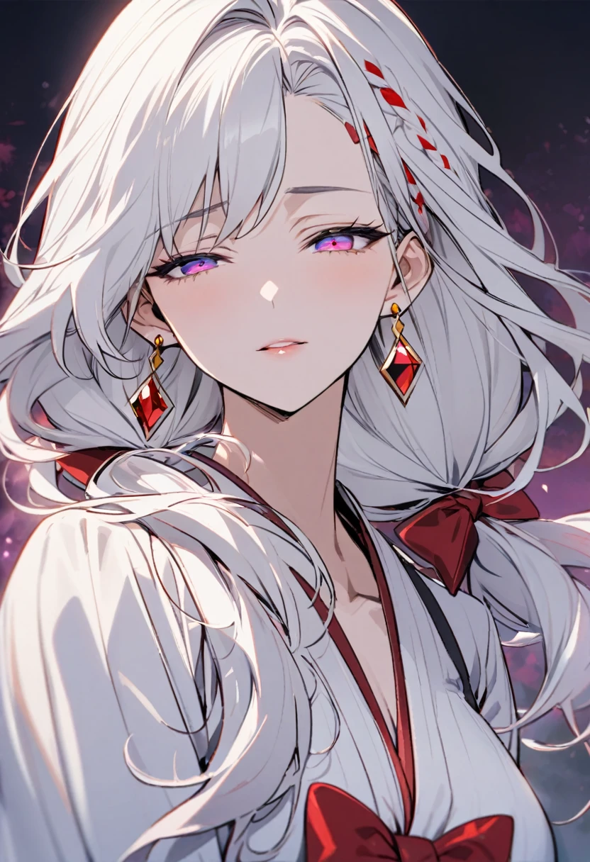 girl, mature, white hair, diamond earings, long hair, low twin tails, red bow on hair, two color eyes,  blue right eye,  purple left eye, adult. front face, mature, open eyes