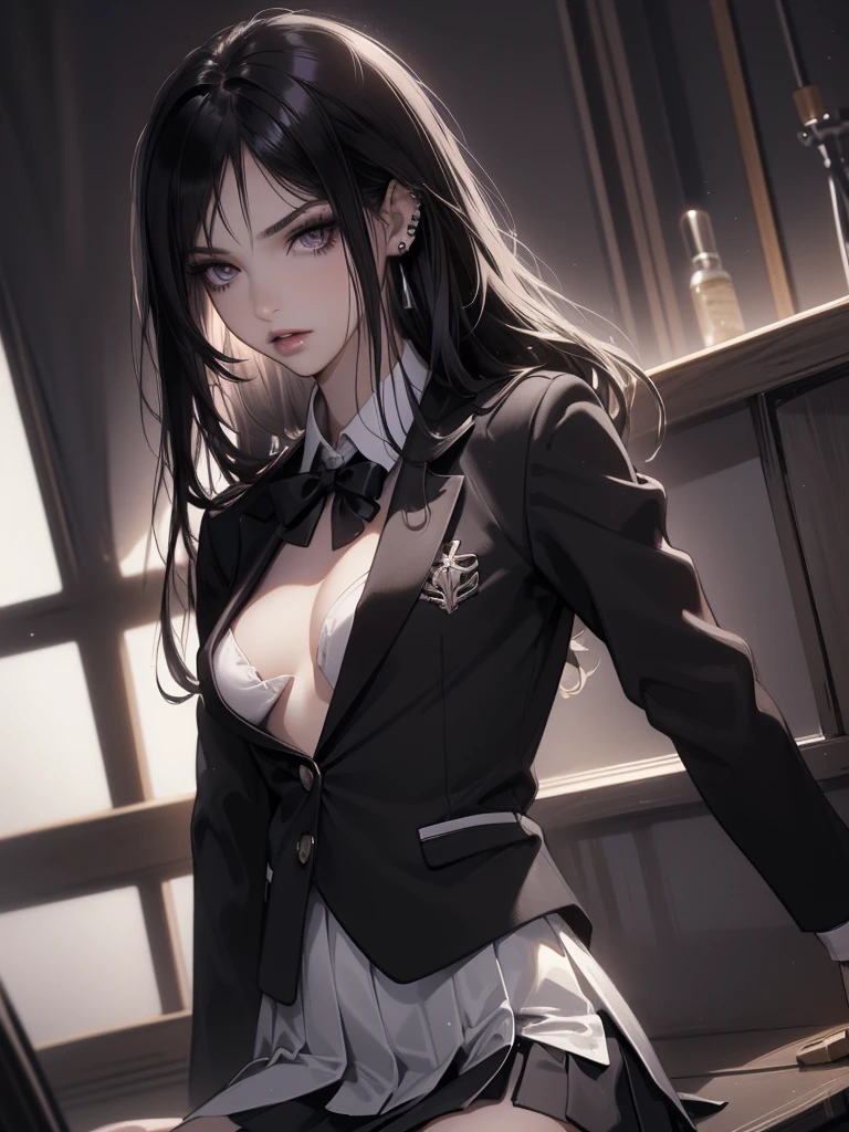 (best quality: 1.2), clean face, (masterpiece: 1.2, 8k) perfect anatomy, 1 girl) a beautiful fashion model ,(masterpiece, official art, best quality shiny hair, straight black hair with streaks in hair, full lips, small breasts, blazer school uniform, short skirt, thong straps, (dark makeup, piercings), shiny breasts,shiny skin, looking at viewer, college student, horizontal, lounging, a single girl, scene haircut, dark makeup, dark eyes, (slender, skinny, slight frame, small breasts), ((emo, scene))