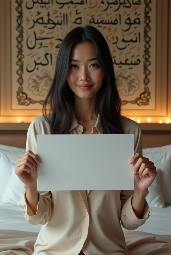 Une femme brune. Les cheveux raides, pas longs, de couleurs noirs. De forme physique normale avec des atouts physiques. Assise dans une grande chambre d'hôtel, sur un lit de l'hôtel, souriante, la tête droite, le regard droit fixé vers l'avant, portant dans ses mains une grande photo qu'elle tient entre ses doigts et qu'elle montre bien vers l'avant de sorte que la photo qu'elle montre soit un peu décollée de sa poitrine et derrière elle, accroché sur le mur, un tableau avec des écritures en arabe bien lisible.