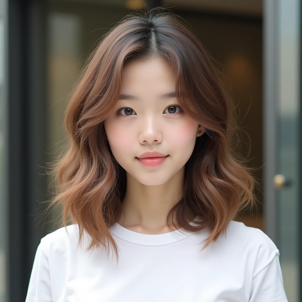 Below collarbone hairstyles、Medium Hairstyles、Constriction Hairstyles、A hairstyle with lighter ends、Loose inward-curled hairstyle、Layer Hairstyles、Diamond Hairstyle、顔まわりLayer Hairstyles、Hair style without bangs、Hair style without top parting、Translucent light brown hair color、Natural Makeup、Korean Idol Style Face、White T-shirt、looking at the camera、Natural light、Luxury building background、Light blush、Adult beautiful、Pale eyebrows