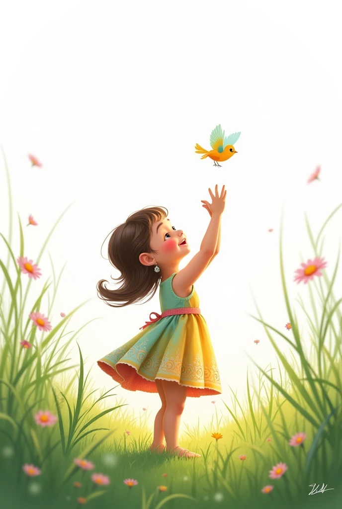 white background,Little baby girl,waring ccolorfully dress,stand on grass,rais her hands,flying little bird
