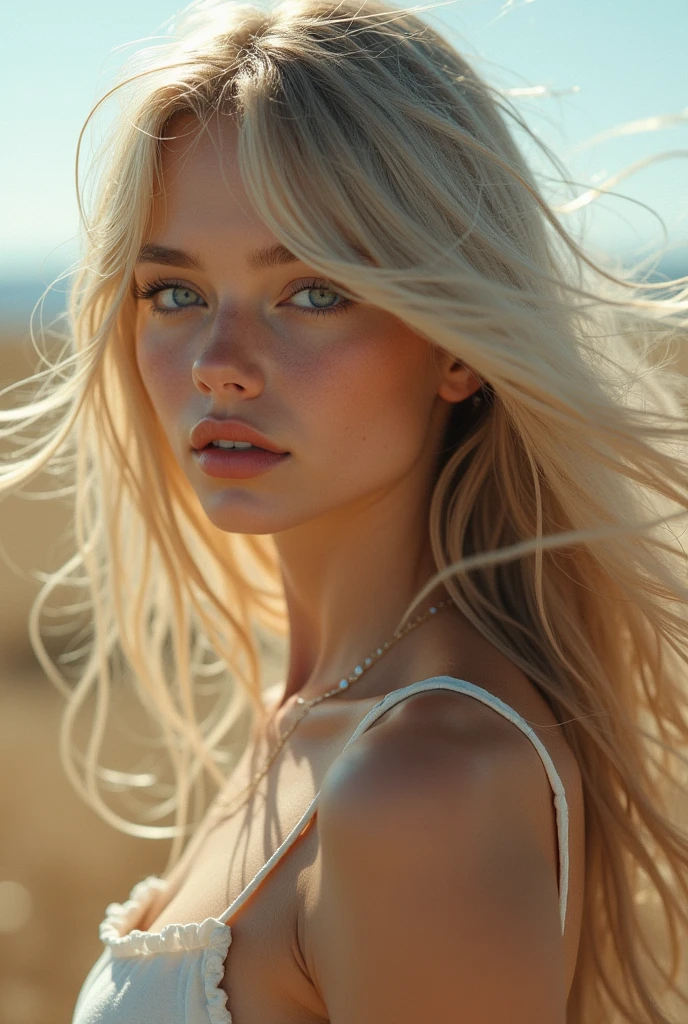 Sexy Big 、Sexy cute looks and cute 15 year old beautiful girl, beautiful and sexy face、A strong wind blows my hair in front of my face、length, Metallic blonde straight hair、beautiful, Cute and sexy eyes hidden behind long bangs。