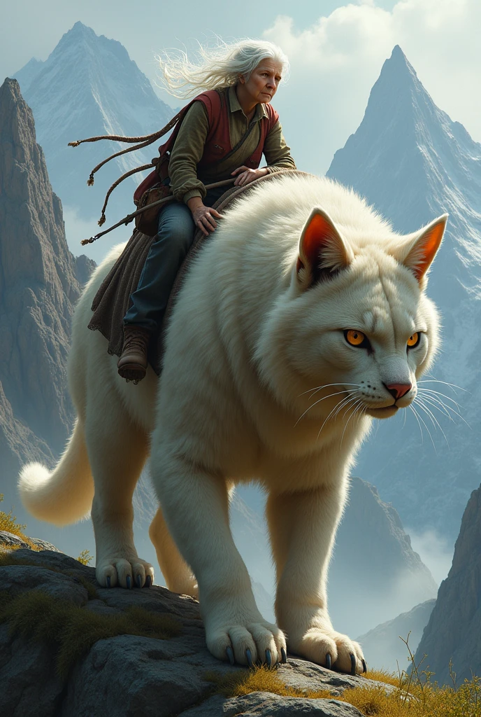 Old lady riding a giant cat