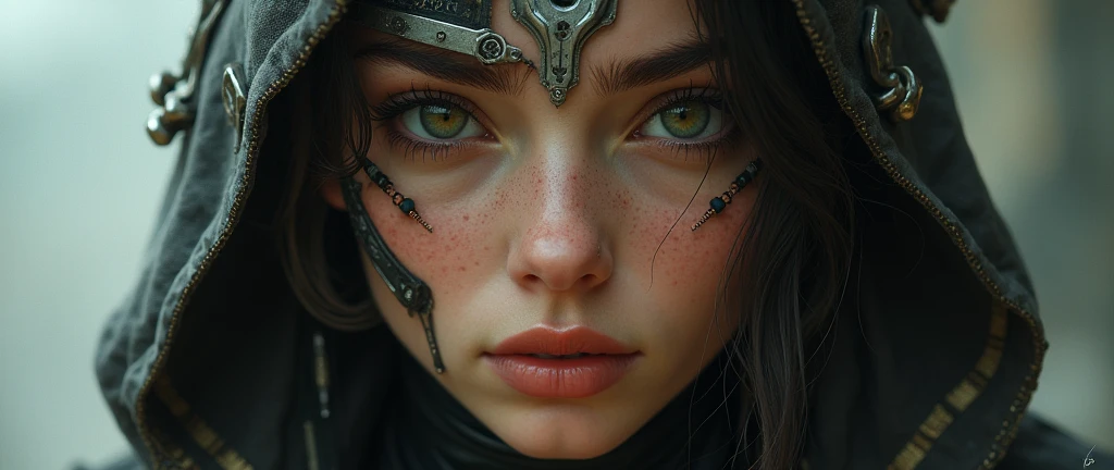 female face, female, a rugged young engineer with cybernetic enhancements, intricate, elegant, highly detailed, digital painting, artstation, concept art, smooth, sharp focus, illustration, art by h r giger and greg rutkowski and alphonse mucha, beautiful dramatic lighting
