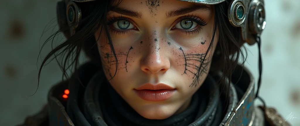 female face, female, a rugged young engineer with cybernetic enhancements, intricate, elegant, highly detailed, digital painting, artstation, concept art, smooth, sharp focus, illustration, art by h r giger and greg rutkowski and alphonse mucha, beautiful dramatic lighting