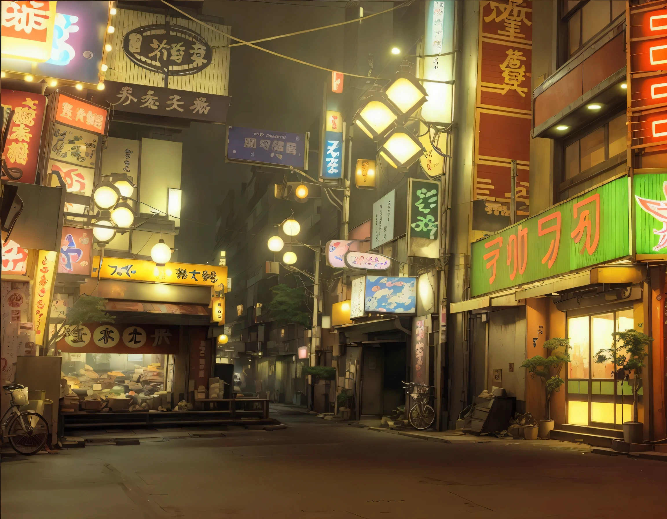 An Anime style Tokyo street scene，building with many neon signs，More details of neon signs，Detailed Details，Garbage pile in the corner，trash bag，snack shop sign，Tokyo alley，Tokyo Anime Scene, Downtown Japan, Tokyo style, Neon Tokyo, new tokyo，Anime style，Thick coating style，Hand-drawn style