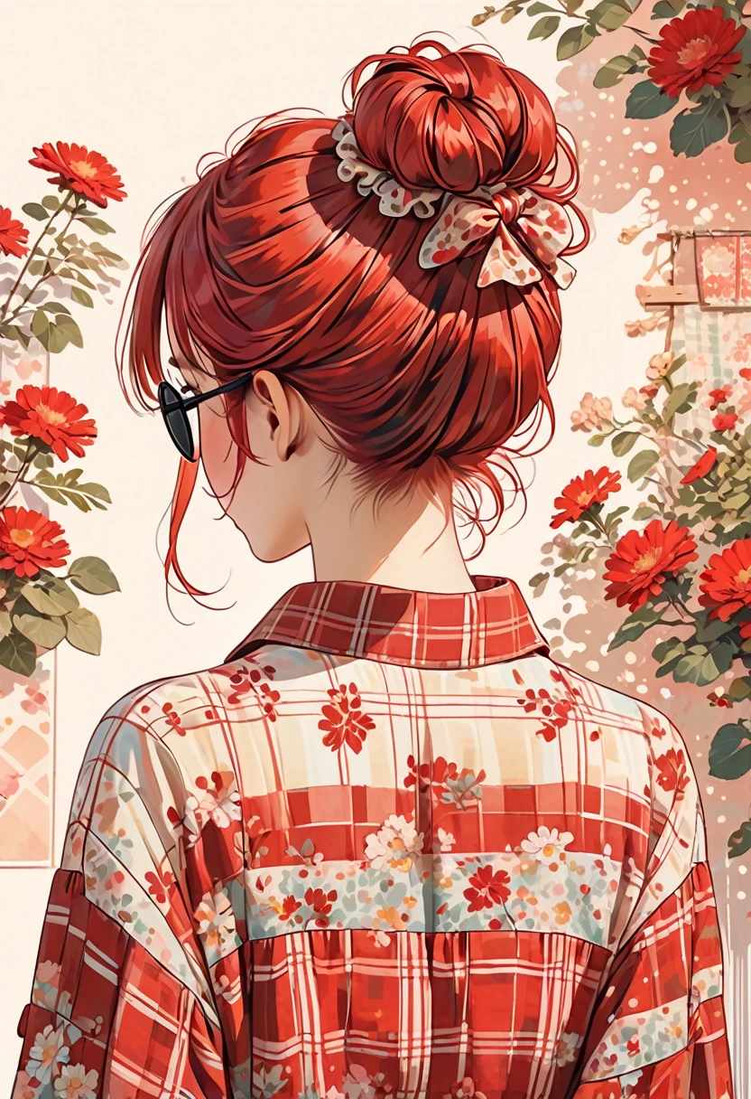 The image depicts an illustration of a person viewed from behind, featuring detailed and red hair tied up in a messy bun. The hair is adorned with small, decorative red hair ties. The person is wearing a plaid-patterned shirt with shades of red and cream. The art style is delicate and whimsical, capturing soft colors and gentle lines to create a warm and charming aesthetic.