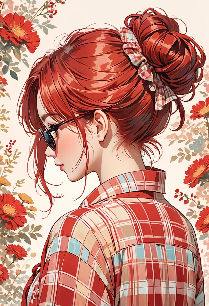 The image depicts an illustration of a person viewed from behind, featuring detailed and red hair tied up in a messy bun. The hair is adorned with small, decorative red hair ties. The person is wearing a plaid-patterned shirt with shades of red and cream. The art style is delicate and whimsical, capturing soft colors and gentle lines to create a warm and charming aesthetic.