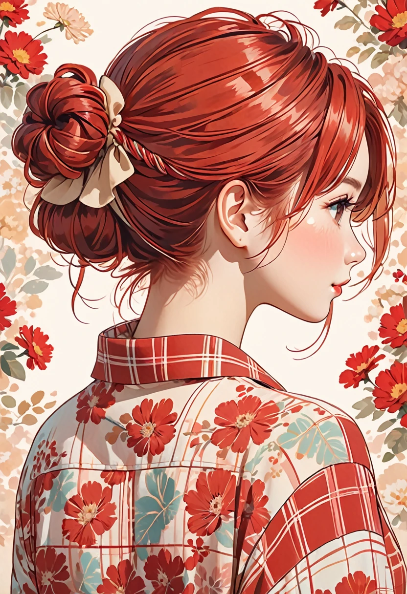 The image depicts an illustration of a person viewed from behind, featuring detailed and red hair tied up in a messy bun. The hair is adorned with small, decorative red hair ties. The person is wearing a plaid-patterned shirt with shades of red and cream. The art style is delicate and whimsical, capturing soft colors and gentle lines to create a warm and charming aesthetic.