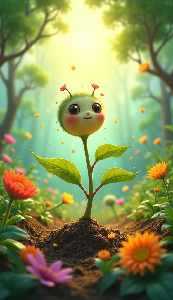 The seed growing, with rain, sunshine, and roots spreading deep into the soil.
The Little Seed is a small, round seed nestled in the soil, with a simple but hopeful expression, often shown dreaming or imagining itself as a tall tree.
Plant are of various types, such as flowers, shrubs, or small trees, with expressions that show surprise or doubt when they talk to the Little Seed.
The Background is a the Garden. A bright, colorful garden with lush greenery, flowers, and a warm, sunny sky.