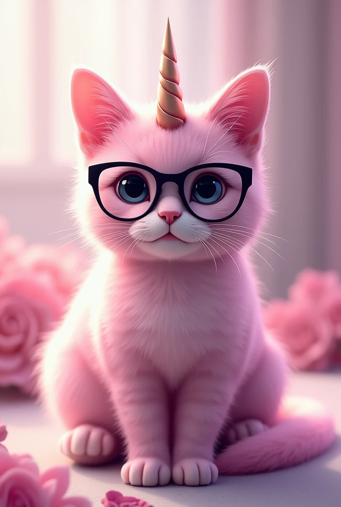 beautiful pink cat with a horn with a unicorn pupils are black m and with black glasses cool cat black cool glasses and dressed cool
