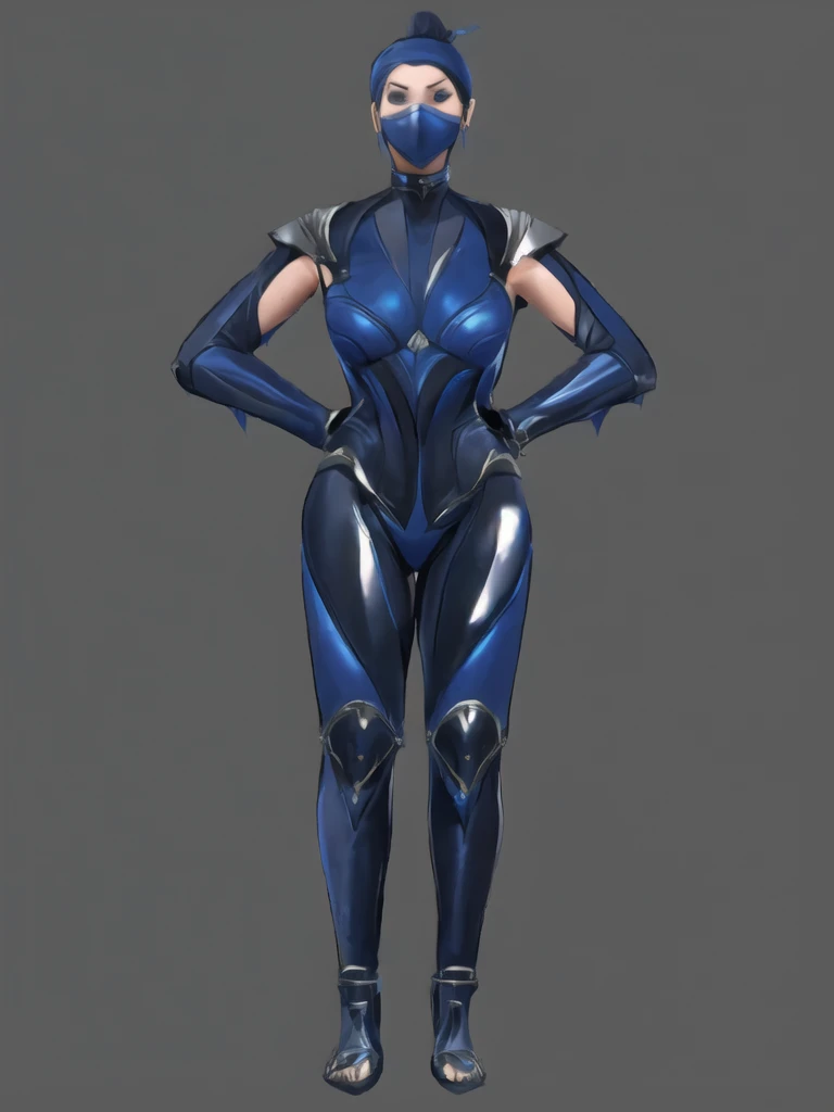 Bowei, kitana, 1girl, full body, slim body, slim thighs, bodysuit, detail eyes, ninja mask , solo, lips, blue bodysuit , looking at viewer, simple background, gloves, black background, mole under mouth, eyeshadow, hands on hips, blue bodysuit,leather, latex, purple lips, 8k detailed,