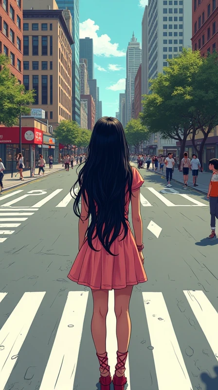 A woman standing at a scramble crossing、20th Generation、Cute Dress、View from above、Back view、Black Hair、Hair is semi-long、Daytime、American comic style