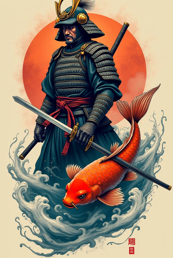 Tattoo samurai and fish koi