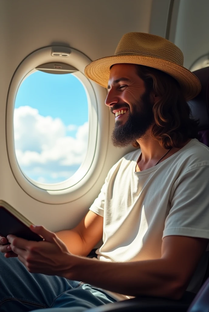 Jesus Christ reading the Bible while sitting on an airplane. He is having fun and laughing. he is shining Jesus of Nazareth is depicted as a gentle, gentle man with shoulder-length hair. His wavy brown hair flows over his shoulders. His face conveys deep wisdom and empathy, radiating warmth and understanding. Christ is wearing a white T-shirt, jeans, and a straw hat. You can see white clouds and a blue sky from the small window of the airplane. Photography, close-up, highly detailed, trending at the art station, sharp focus, studio shot, intricate details, Greg Rutkowski,