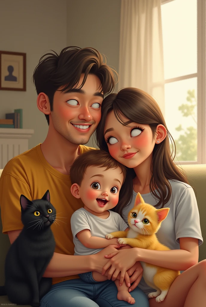 family photo of two adults, one baby son, one yellow cat and one black cat drawing