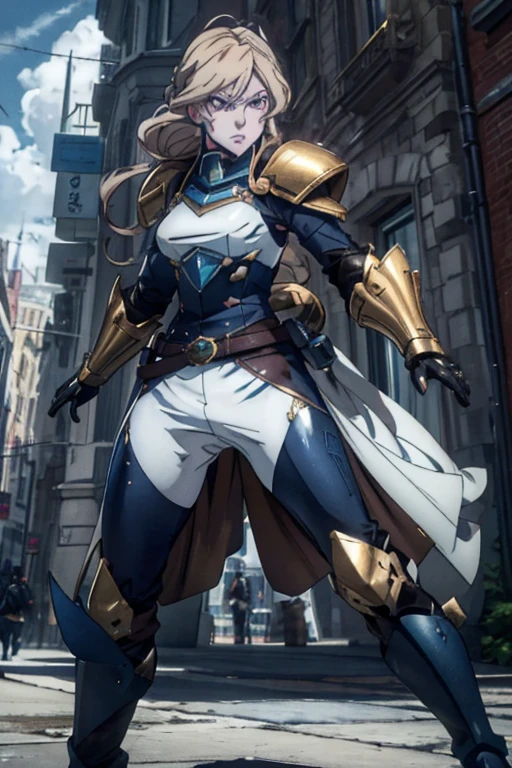 A full-body portrait of a young woman in anime style, with long, light blonde hair, framed by a white mantle adorned with golden details. She has intense blue eyes and wears a form-fitting blue armor with intricate engravings of leaves and flowers, and golden metal pieces covering her shoulders and arms. A dark brown leather belt with metallic buckles secures her armor at the waist. She wears brown leather boots, standing in a dynamic action pose. A cross-shaped pendant adorns her chest. The background features a blue sky with fluffy clouds, highlighting her majestic and noble appearance, visible from head to toe.
