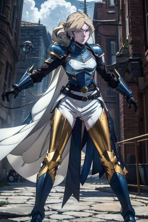 A full-body portrait of a young woman in anime style, with long, light blonde hair, framed by a white mantle adorned with golden details. She has intense blue eyes and wears a form-fitting blue armor with intricate engravings of leaves and flowers, and golden metal pieces covering her shoulders and arms. A dark brown leather belt with metallic buckles secures her armor at the waist. She wears brown leather boots, standing in a dynamic action pose. A cross-shaped pendant adorns her chest. The background features a blue sky with fluffy clouds, highlighting her majestic and noble appearance, visible from head to toe.