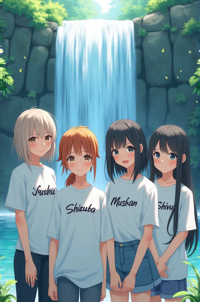 4 girls standing near waterfall and wearing white shirt design on their shirt is their name one girl name is harshu another one name is shizuka another one name is muskan and last one name is shivu