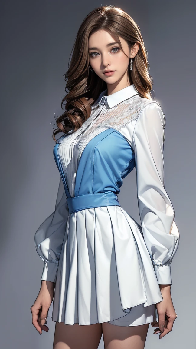 ((Highest quality,4K,High resolution,masterpiece:1.2)),((Character Concept Art)), 1 female, 20-year-old women, ((Shoulder-length brown hair、Hair curled loosely inwards)), (Skin as white as snow), Very detailed eyes (Brown Eye Color), have confidence, beautiful, slim body build, Big Breasts、((Intricate details)), Very finely crafted needles, Very finely crafted fingers(((10 fingers))), ((Mini bottan up blue dress_long sleeves_white collared brouse_white collared cuff_mini skirtof the edge is white colouerd:1.3)), (Full-body showcase), (Show whole body),A shy smile、In the hustle and bustle of the city、((Standing with grace、Hands on her west:1.5))