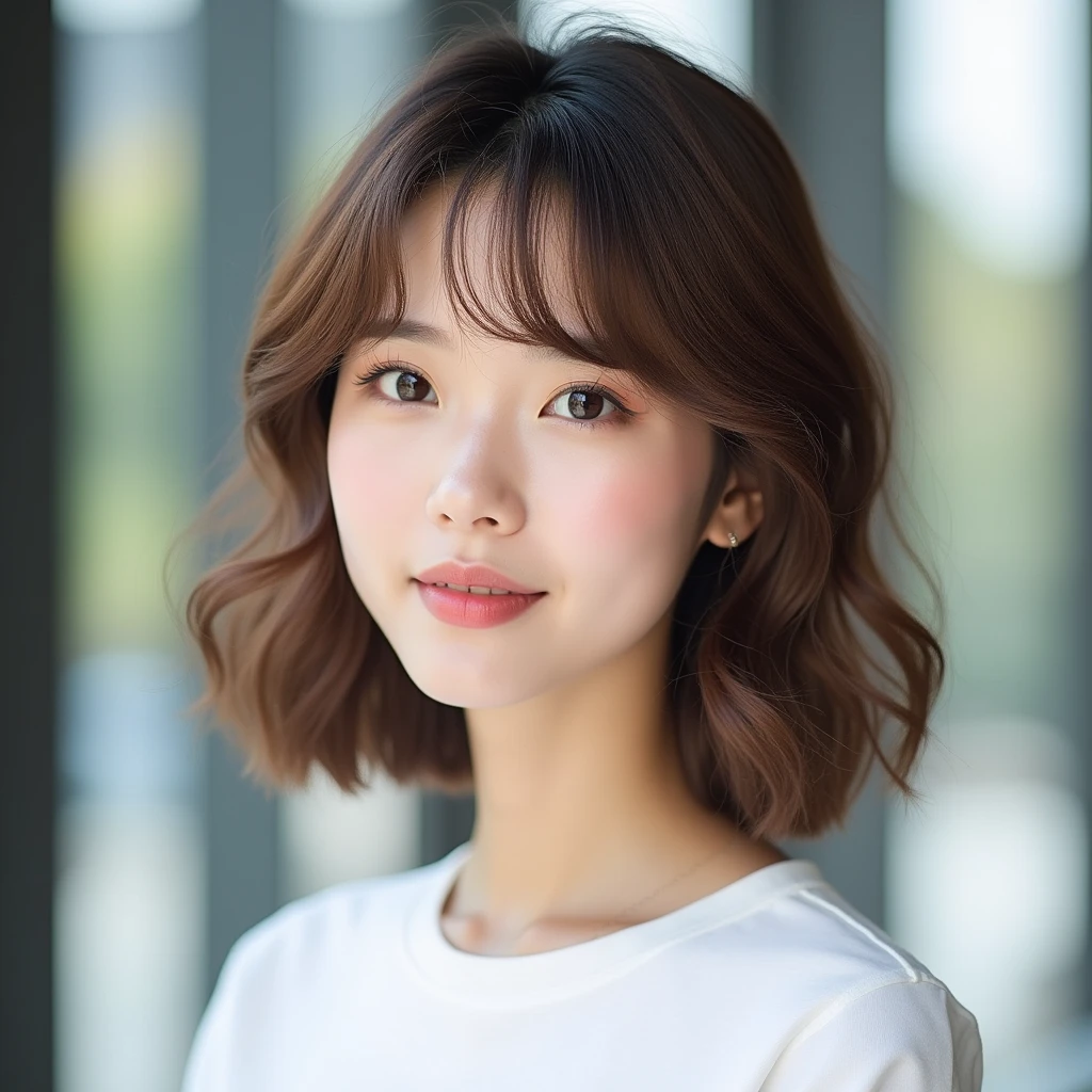Below collarbone hairstyles、Medium Hairstyles、Constriction Hairstyles、Hairstyle that tightens around the neck、Loose inward-curled hairstyle、Layer Hairstyles、Diamond Hairstyle、顔まわりLayer Hairstyles、Hair style without bangs、Hair style without top parting、Translucent light brown hair color、Natural Makeup、Korean Idol Style Face、White T-shirt、looking at the camera、Natural light、Luxury building background、Light blush、Adult beautiful、Pale eyebrows
