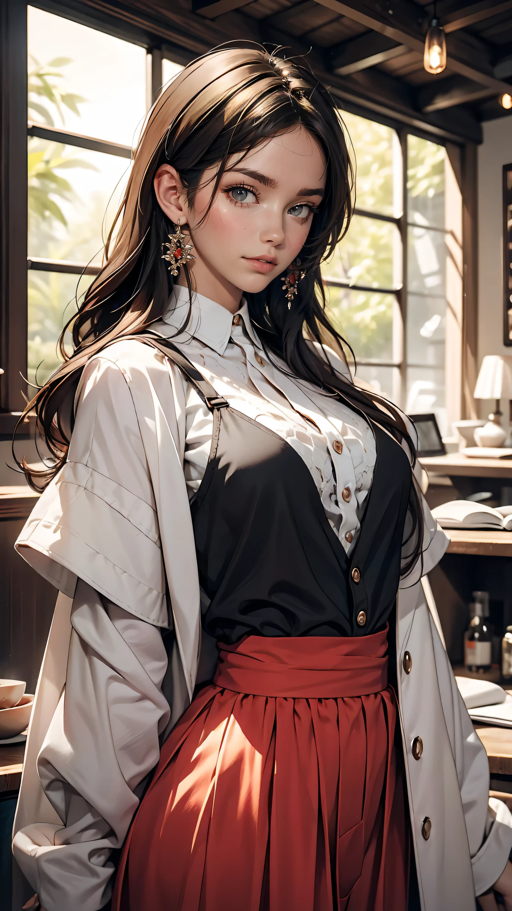 .I&#39;m in a stylish caFe with lots oF windows.、HalF-length photo oF a pretty and attractive woman ::3 Trends, Showing oFF her perFect Figure、Modern, Form-Fitting clothing ::2 Canon 6D Mark II 85mm Lens（F）Photo taken in/ 4 and ISO 100 ::3 Charming Lenses, Award-winning photos, Sharp Focus, Dynamic Lighting ::1