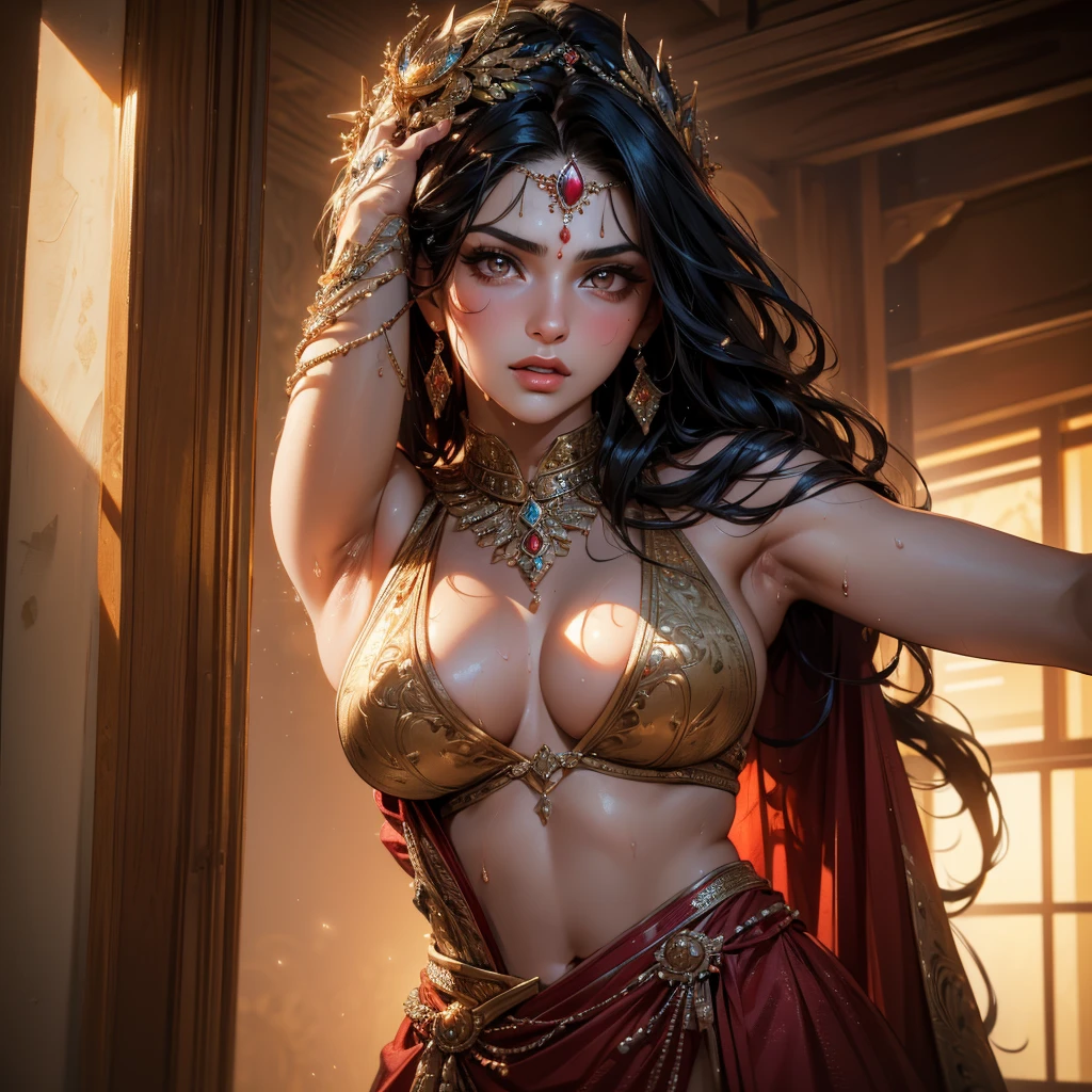 Single beautiful persian princess, wearing a fitted wet red sharara, long wavy black hair, (visible extremely sweat dripping from armpits 1.9) , (fully body covered in extremely glistening and shining sweat 2.9) , big breasts, white skin, backside visible with detailed facial features, beautiful detailed eyes, beautiful detailed lips, extremely detailed face, long eyelashes, portrait, (best quality,4k,8k,highres,masterpiece:1.2),ultra-detailed,(realistic,photorealistic,photo-realistic:1.37),dramatic lighting, warm color tones, vibrant colors