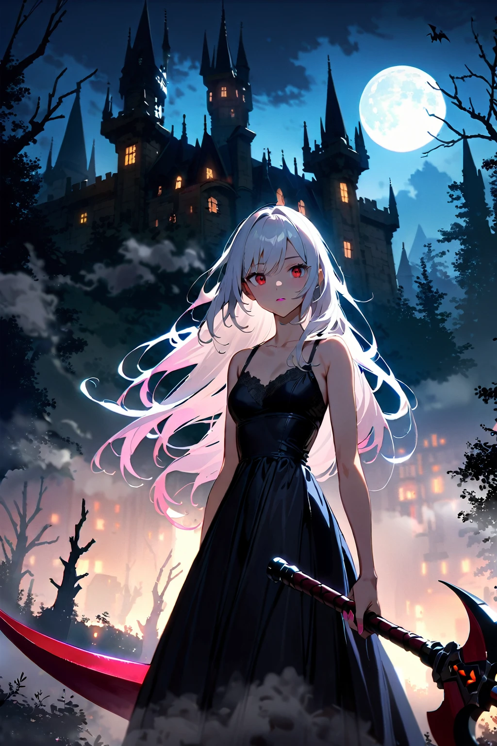 ((1girl, solo, alone, Ninym, white hair, red eyes, hair ornament, small breasts, long hair, fitness)), ((solo, (1woman, pink lipstick), Extremely detailed, ambient soft lighting, 4k, perfect eyes, a perfect face, perfect lighting, a 1girl)), ((black dress, long dress, wielding a red scythe, abandoned castle, haunted castle, fog, mist, night, moon smells, dry trees))
