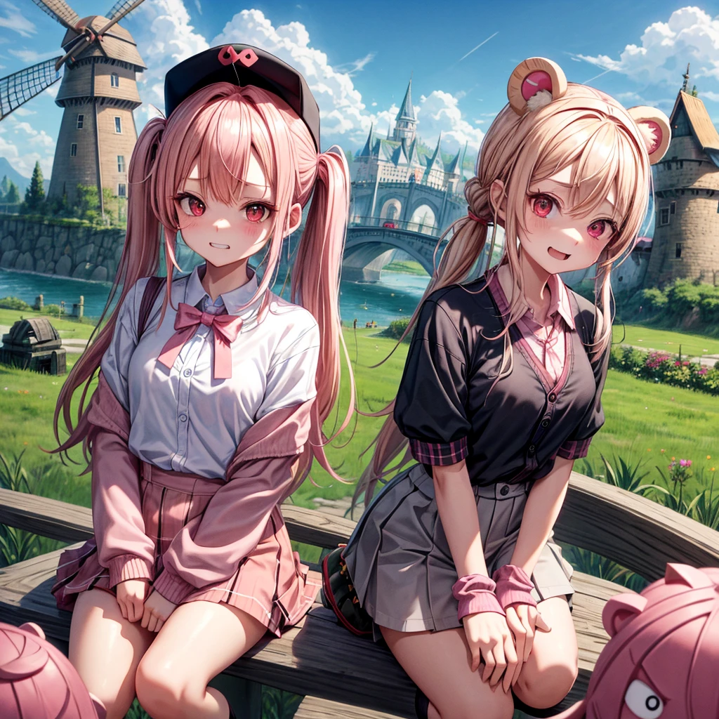 Pink Blonde、Red eyes、Hair tied up、Two cute、Checked mini skirt、black t-shirts、cardigan、Knee-high socks、bear ears baseball cap、Teeth are visible、Monster Castle、Tilting face、crossing the bridge、hazakura、windmill、grass、Stones are growing out of the ground.、impregnable