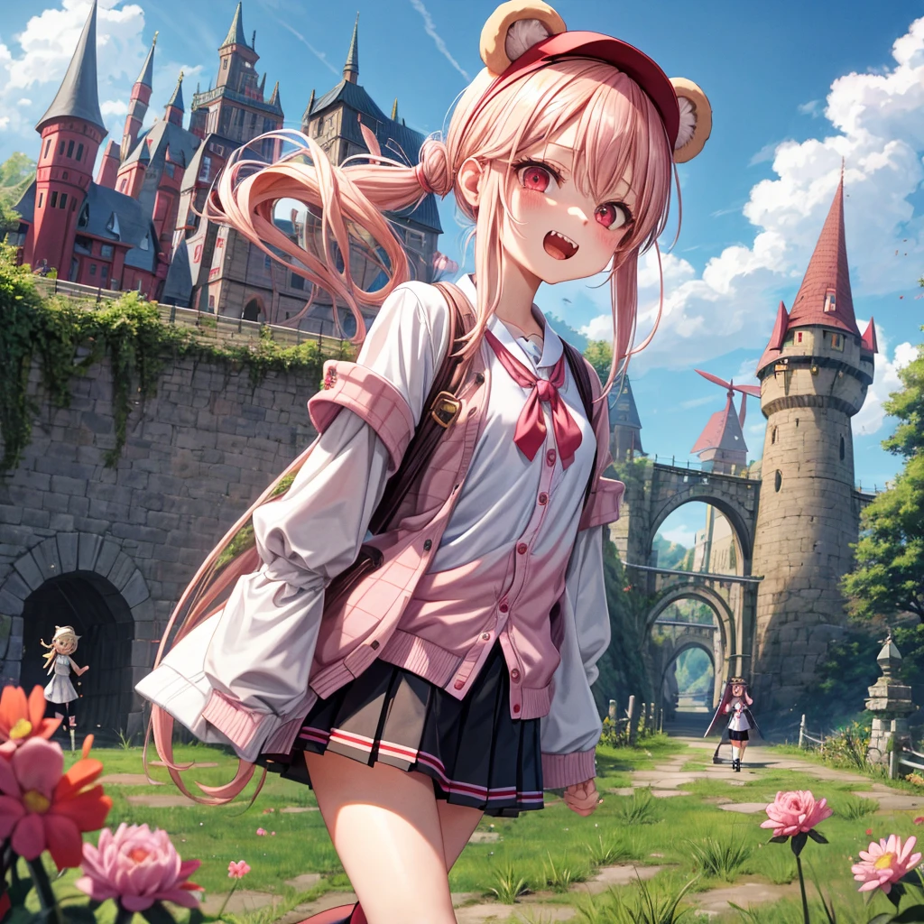 Pink Blonde、Red eyes、Hair tied up、Two cute、Checked mini skirt、black t-shirts、cardigan、Knee-high socks、bear ears baseball cap、Teeth are visible、Monster Castle、Tilting face、crossing the bridge、hazakura、windmill、grass、Stones are growing out of the ground.、impregnable