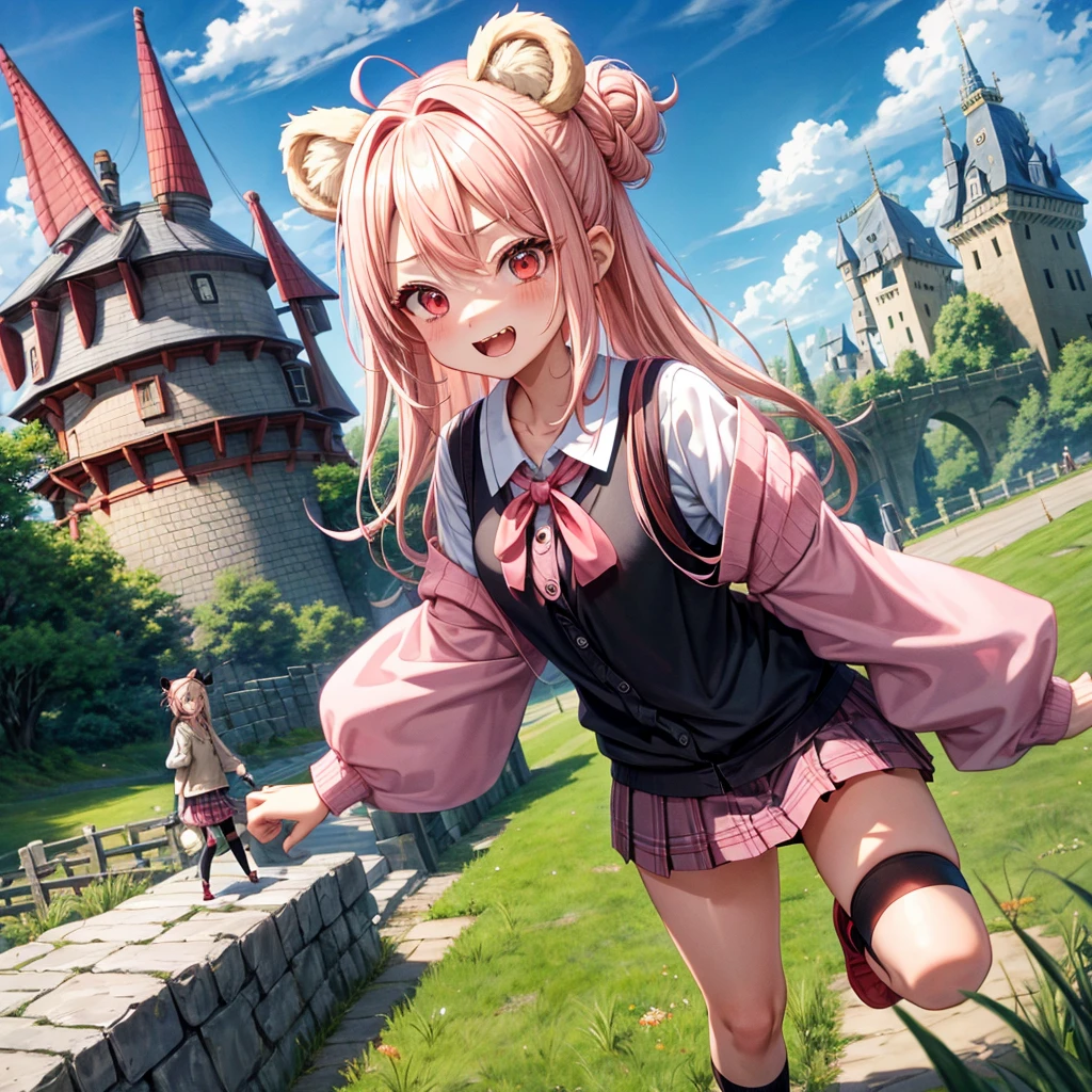 Pink Blonde、Red eyes、Hair tied up、Two cute、Checked mini skirt、black t-shirts、cardigan、Knee-high socks、bear ears baseball cap、Teeth are visible、Monster Castle、Tilting face、crossing the bridge、hazakura、windmill、grass、Stones are growing out of the ground.、impregnable
