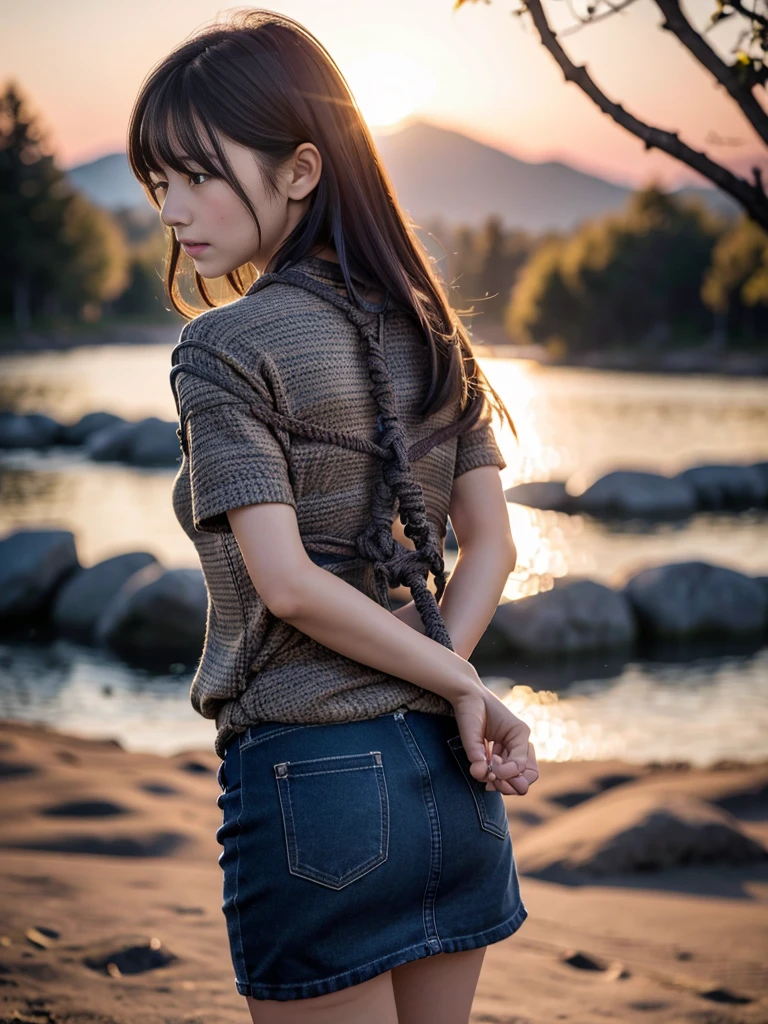 Kidnapped Woman、His hands are tied、((Place your hands behind your back))、((Place your hands together and cross them behind your back))、(((Her wrists are tied with rope、shibari)))、Beauty、20-year-old、university student、(anatomicaly, Has two arms and two hands)、Standing on a hill at night、There are a lot of trees、Beautiful night sky、There are many stars、A strong wind is blowing、Wearing a short-sleeved blouse、Wear a high school student-style miniskirt、Uniform eyes、Proportioned proportions、Model body type、Small breasts、Small face、(I can see from head to heel), Black Hair, bangs, swept bangs, Straight hair, Nervous, Messy Hair, Floating hair, Cinema Lighting, tachi-e, First-person view, throw, From behind, F/1.2, Nikon, Cowboy Shot, Surrealism, 超High resolution, Highest quality, High resolution, 8k, Textured skin, anatomicaly正しい体,