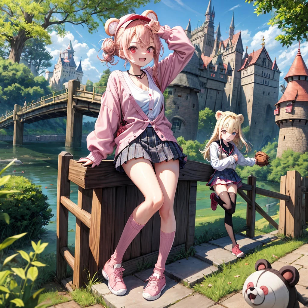 Pink Blonde、Red eyes、Hair tied up、Two cute、Checked mini skirt、black t-shirts、cardigan、Knee-high socks、bear ears baseball cap、Teeth are visible、Monster Castle、Tilting face、crossing the bridge、hazakura、windmill、grass、Stones are growing out of the ground.、impregnable
