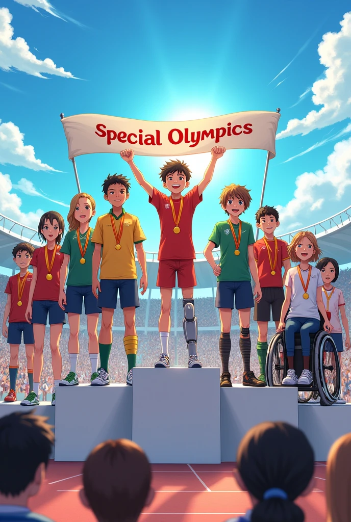 Nine differently-abled athletes stand proudly on a large podium with a “Special Olympics” banner above them. Each athlete, dressed in their country’s uniform, wears a gold medal around their neck. The group includes athletes using wheelchairs, prosthetics, and assistive devices. The fallen racer, a young boy with short black hair, light brown skin, a yellow t-shirt with a red stripe, blue shorts, white sneakers with red laces, and silver leg braces, stands among them, smiling brightly. The crowd cheers loudly, celebrating their unity and friendship, while the sun shines warmly over the joyful scene. generate anime image..nine athletes has gold medals.. differently abled Athletes