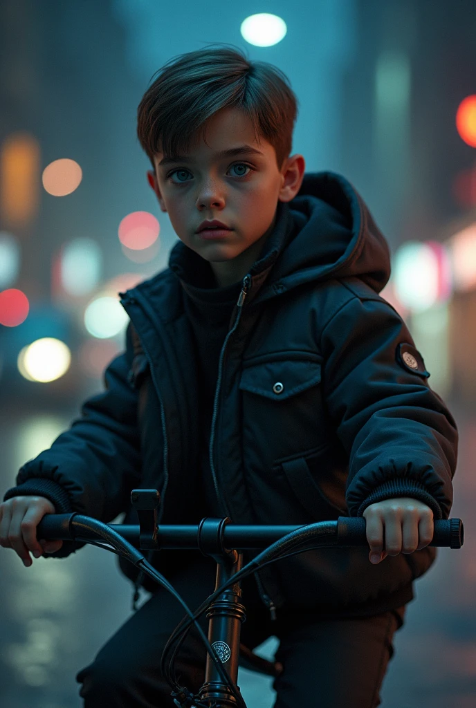 boy wearing alan walker jacket, sitting on a bike
