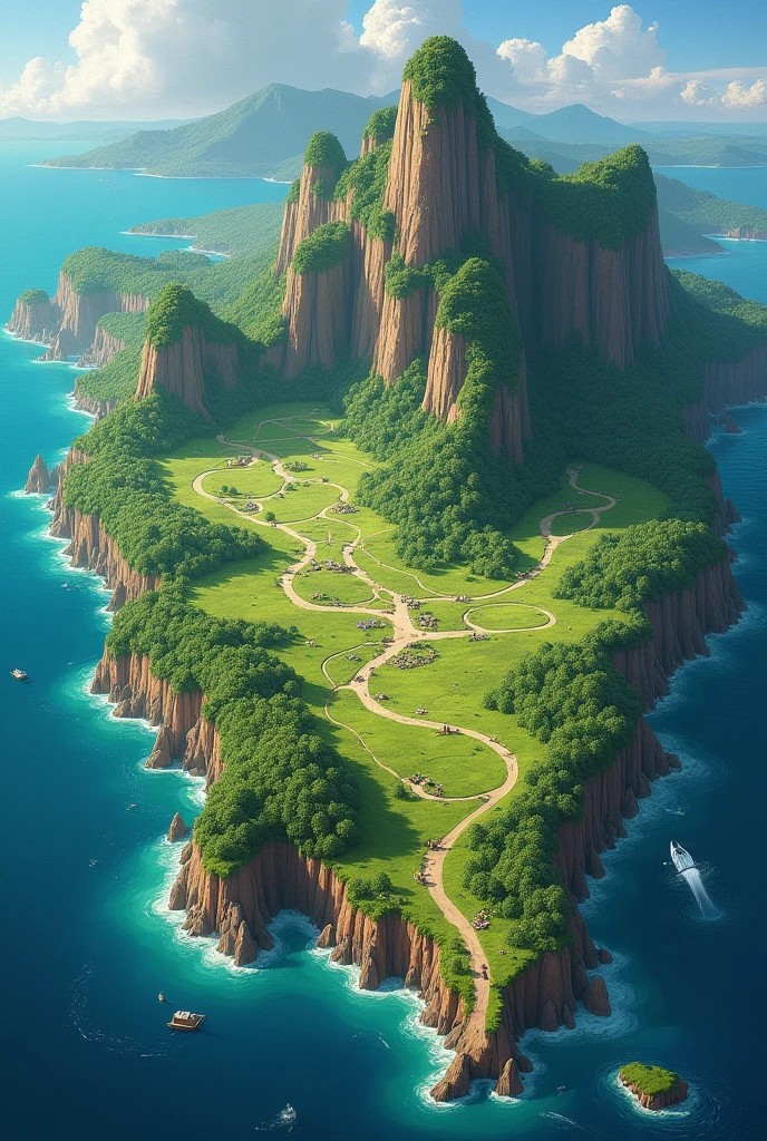 A super large map illustrated of an island, forest, grass lands multiple rivers and falls